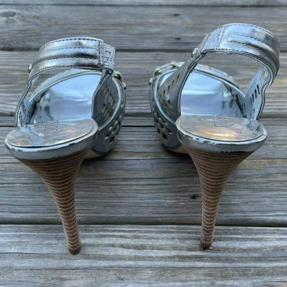 Guess Women Heel Shoes Silver Tone Leather Upper Open Toe Shoes Size 9M - Picture 6 of 12